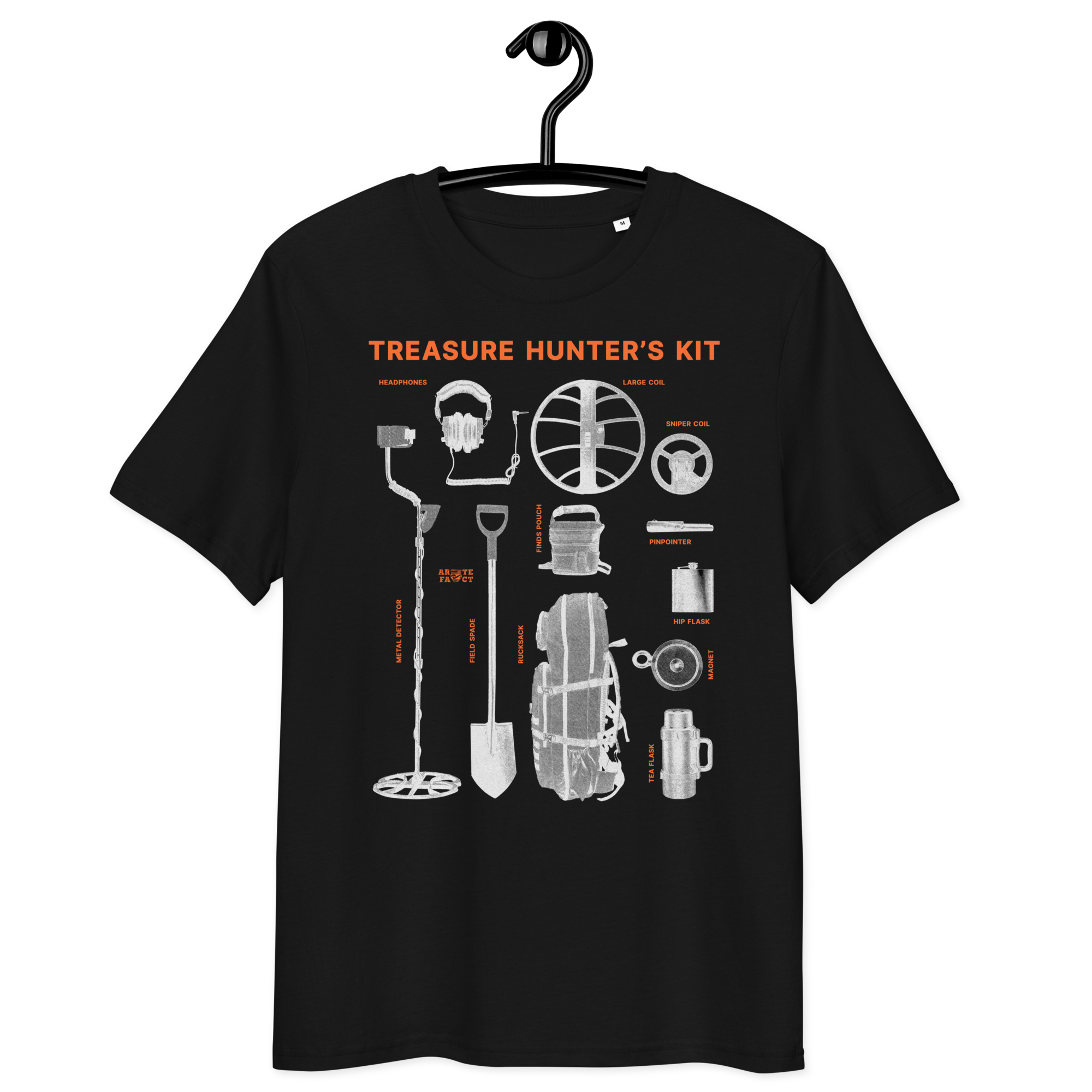Treasure Hunter’s Kit black T-shirt with field gear design by ARTEFACT